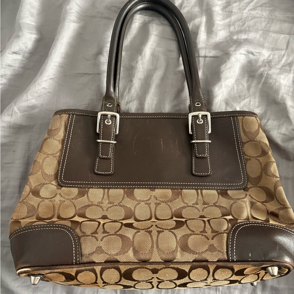 Coach Brown and Tan Signature Shoulder Bag